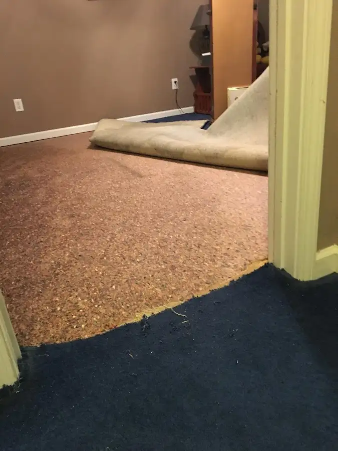 Carpet pad removal revealing water damage during Water Mitigation Services in Clanton